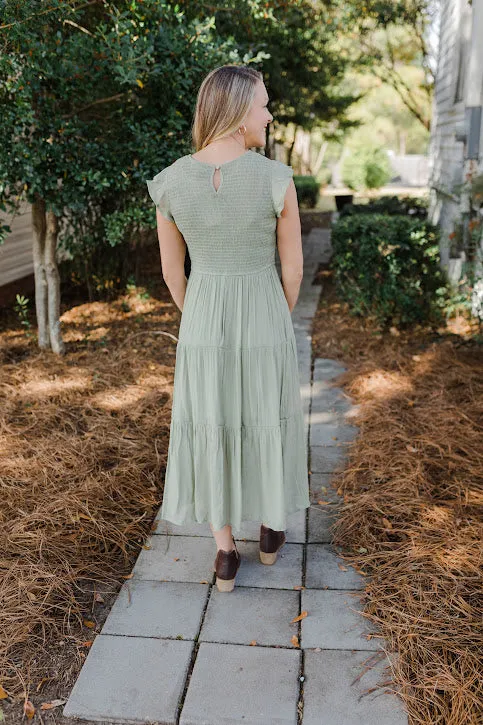 Racie Gray Smocked Midi Dress