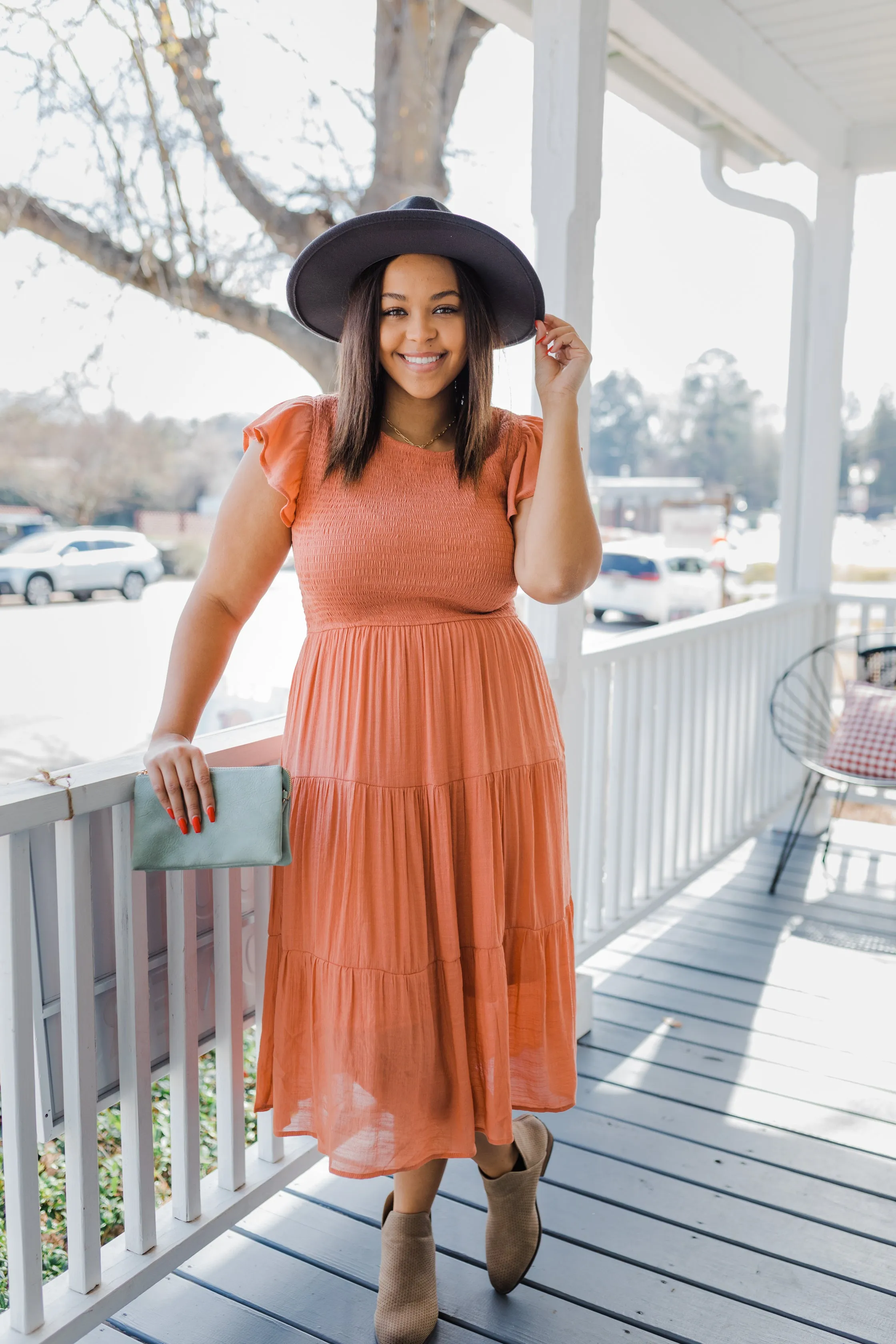 Racie Gray Smocked Midi Dress