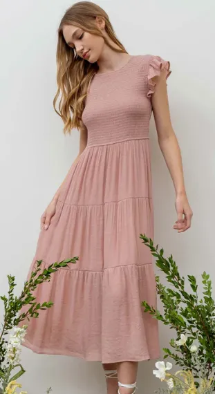 Racie Gray Smocked Midi Dress