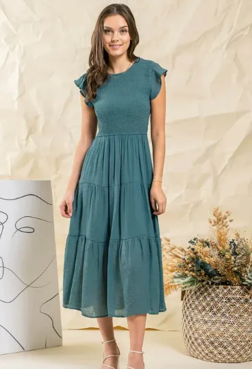 Racie Gray Smocked Midi Dress