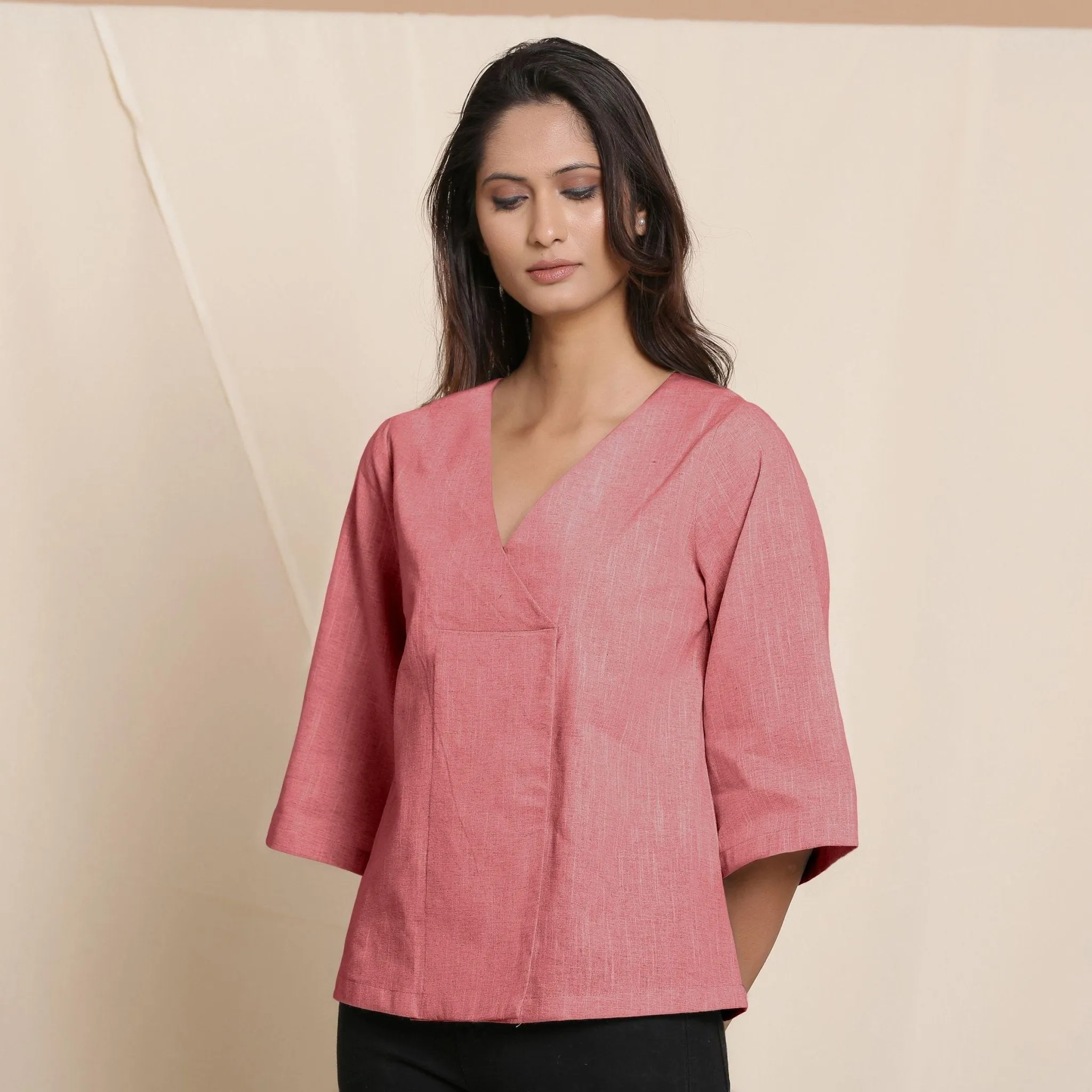 Red Yarn Dyed 100% Cotton V-Neck Loose Fit Top