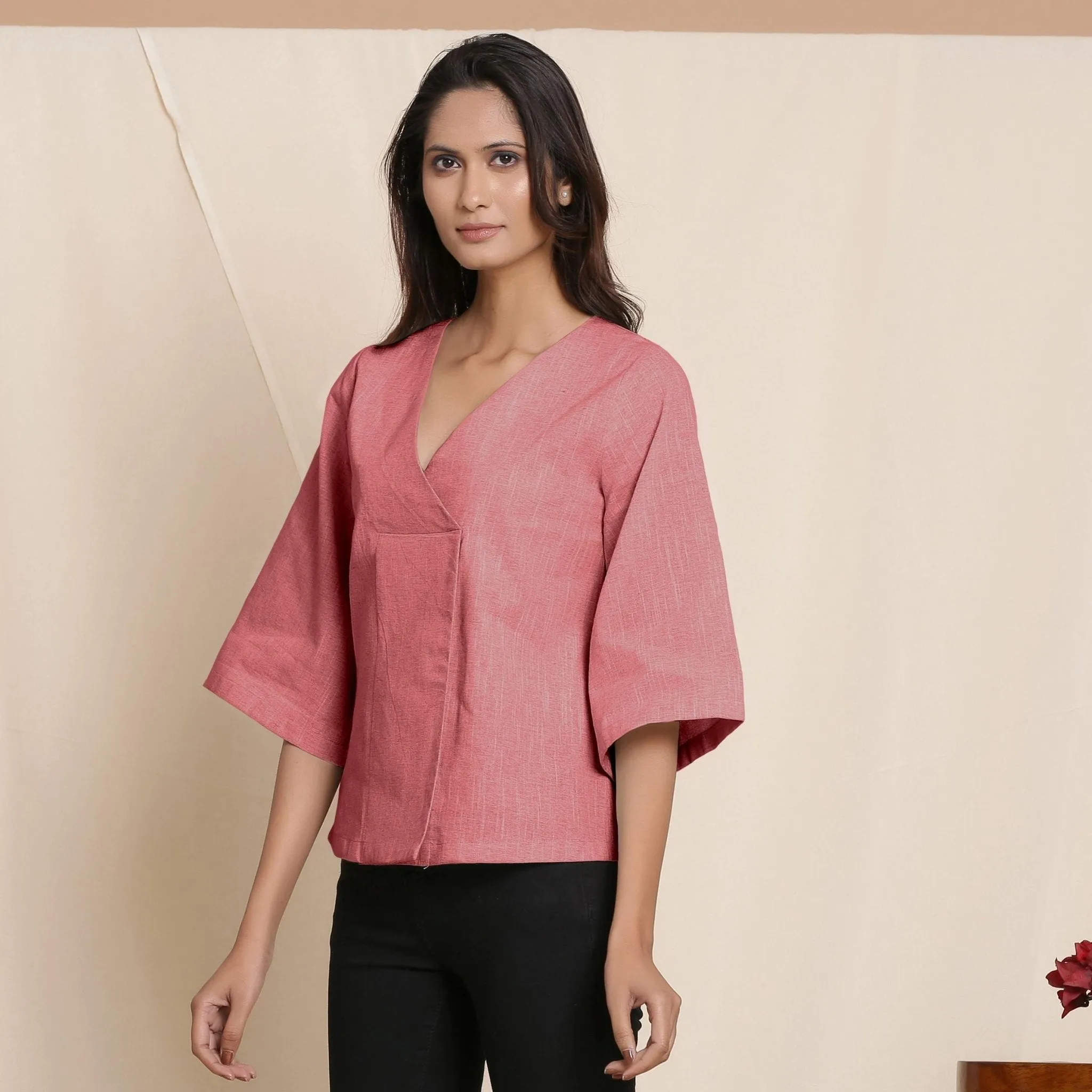 Red Yarn Dyed 100% Cotton V-Neck Loose Fit Top