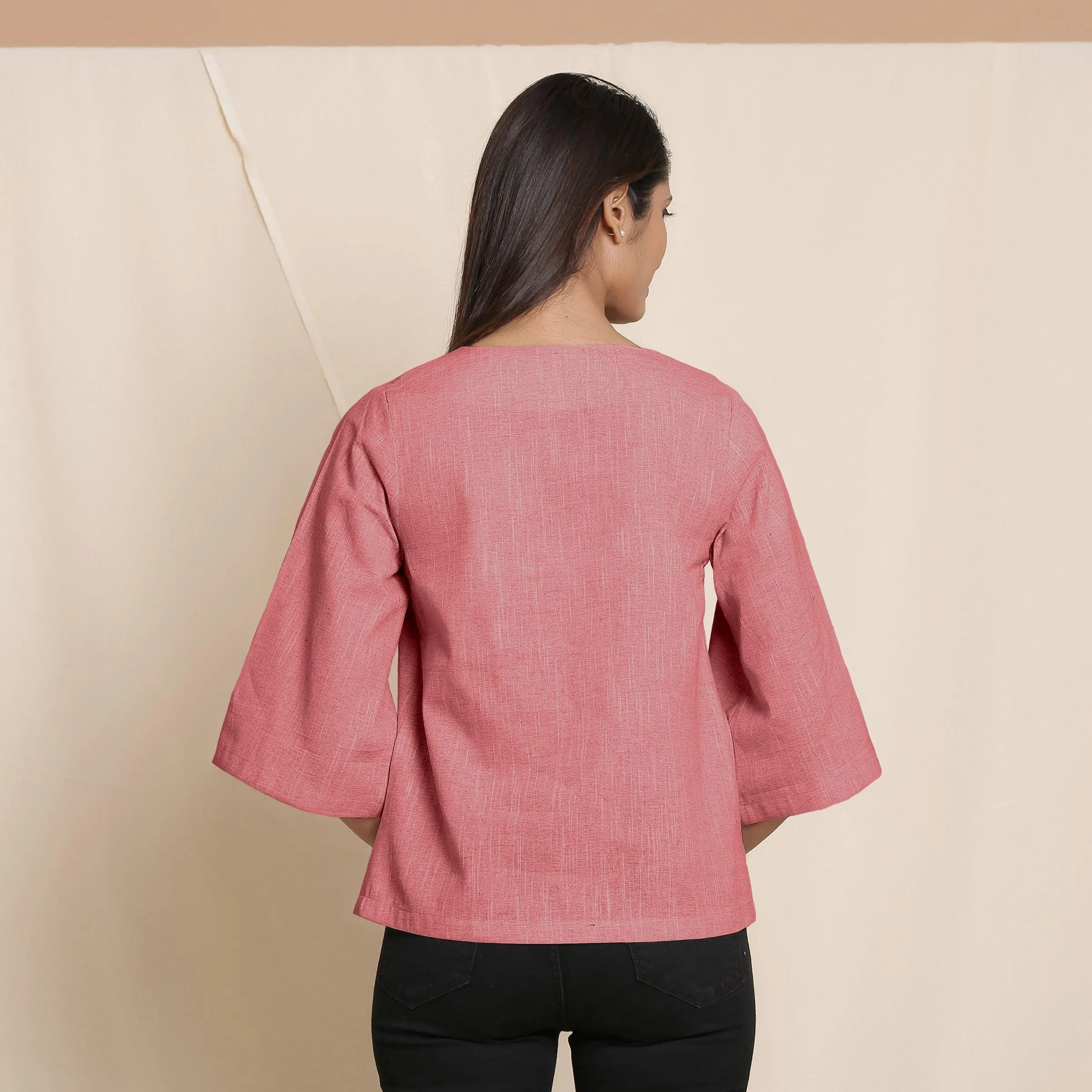 Red Yarn Dyed 100% Cotton V-Neck Loose Fit Top