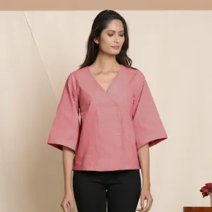 Red Yarn Dyed 100% Cotton V-Neck Loose Fit Top