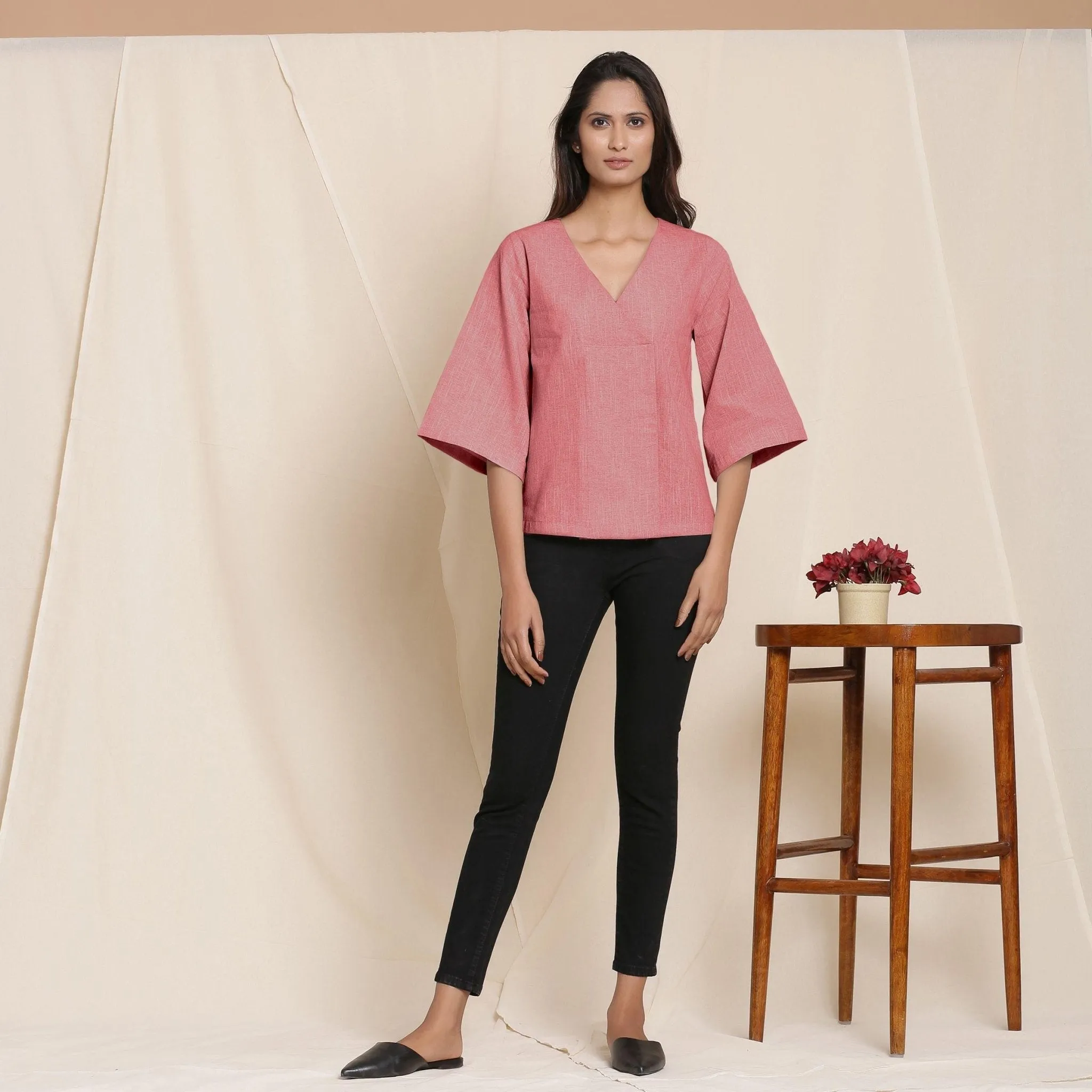 Red Yarn Dyed 100% Cotton V-Neck Loose Fit Top