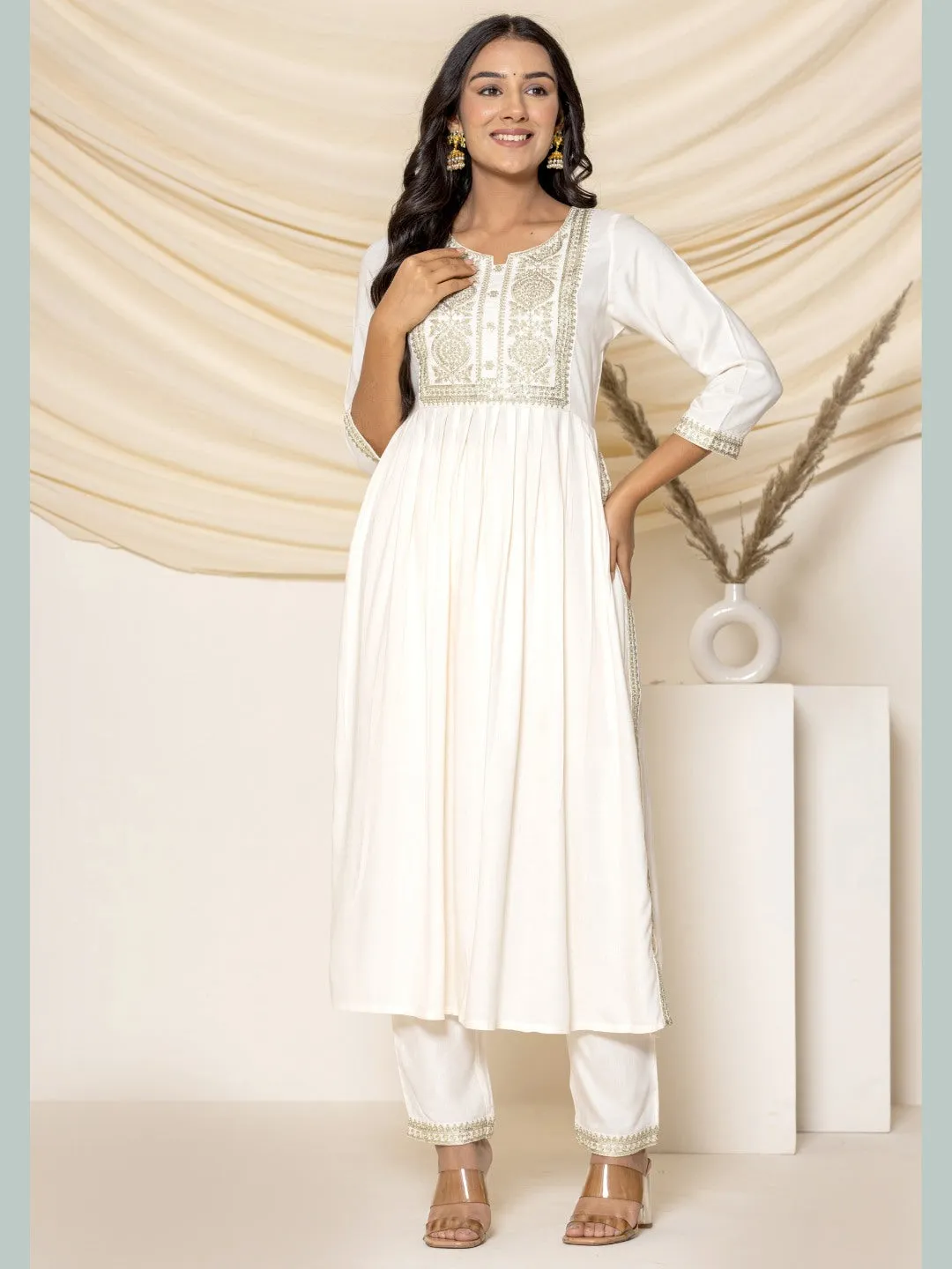 Solid Emboidered Nyra Cut Kurta with Pants - Off-White
