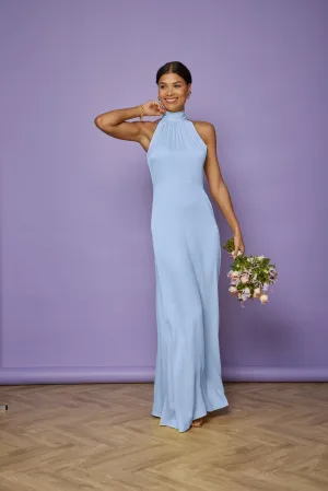 Tilly Satin High Neck Scarf Tie Halter Dress - Cornflower Blue