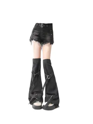Vintage Black Gothic Denim Shorts with Leg Cover – Korean Style Y2K Emo Mini Jean Shorts for Summer
