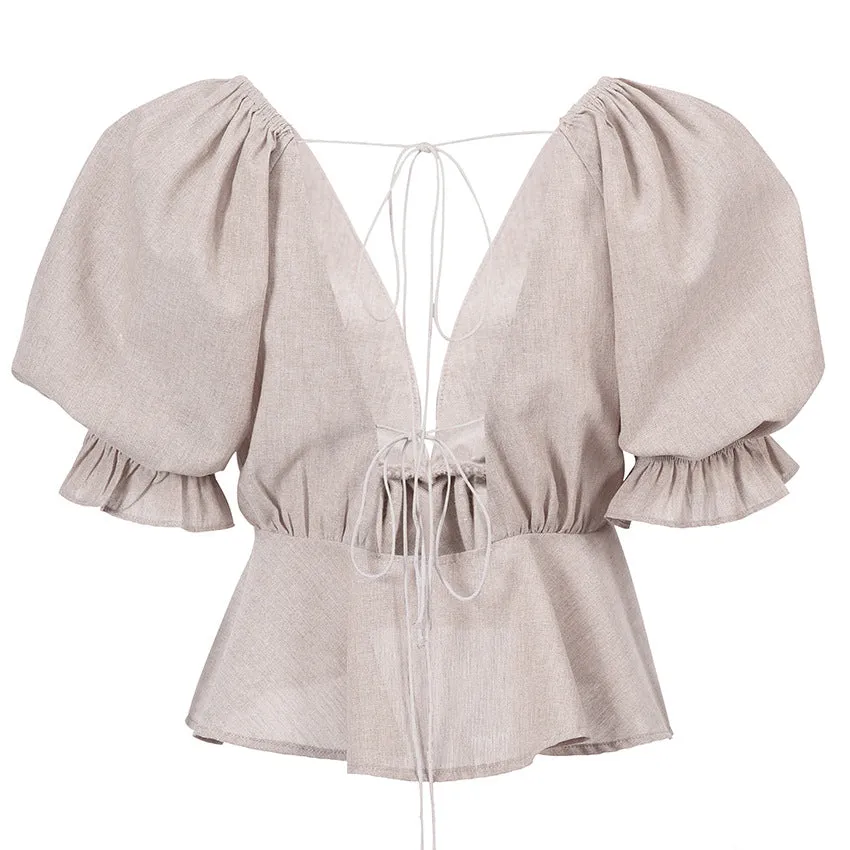 Wholesale Women Tops Lace Up Puff Sleeve