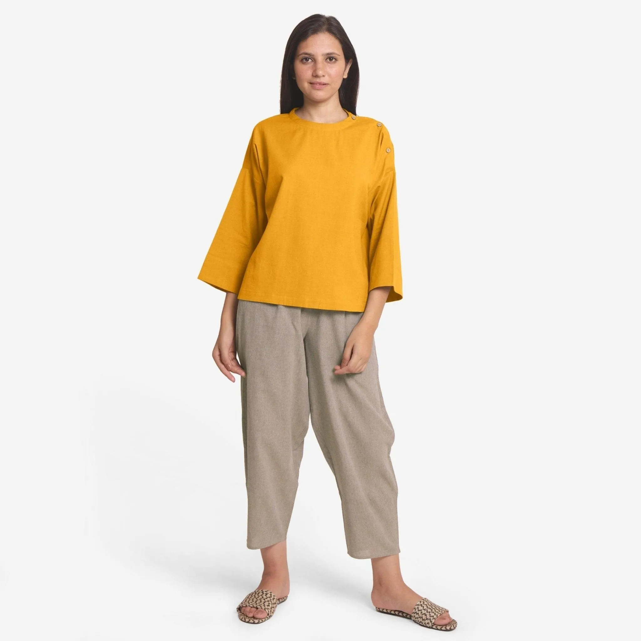 Yellow Cotton Flax Round Neck Loose Fit Top