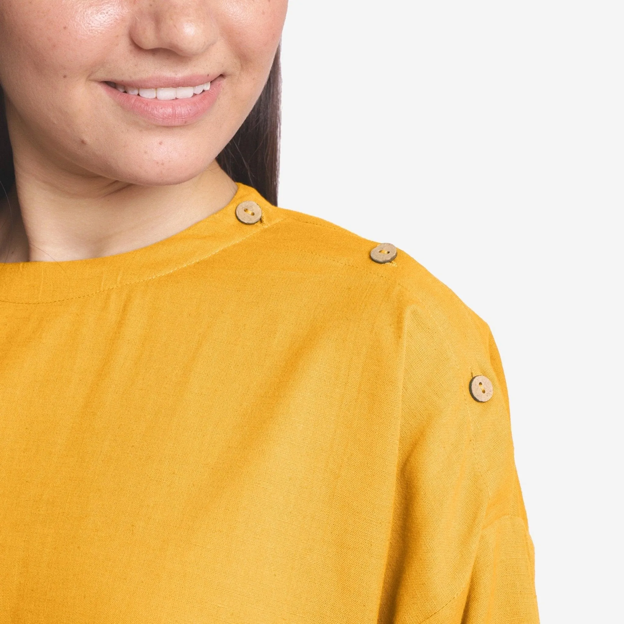 Yellow Cotton Flax Round Neck Loose Fit Top