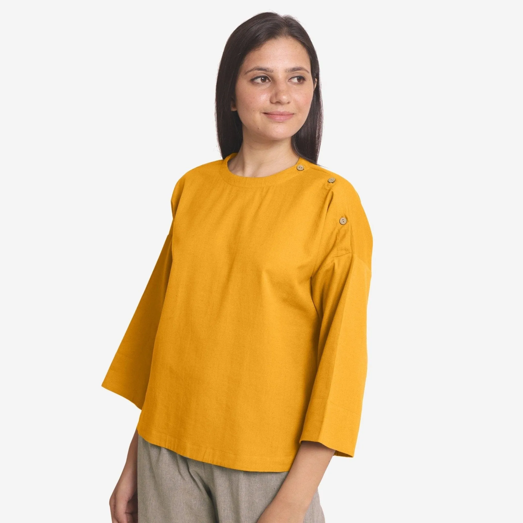 Yellow Cotton Flax Round Neck Loose Fit Top
