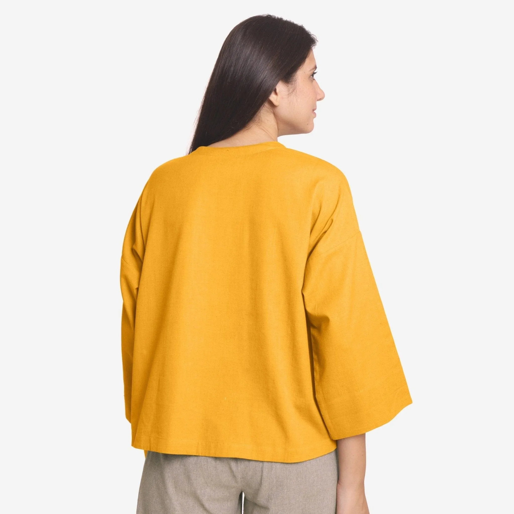 Yellow Cotton Flax Round Neck Loose Fit Top