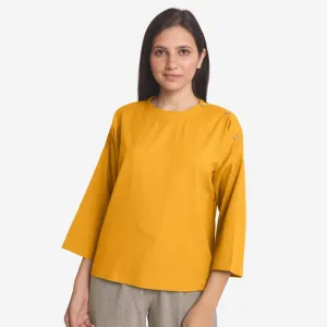 Yellow Cotton Flax Round Neck Loose Fit Top